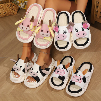 Unisex Cow Cartoon Linen Slippers: EVA Thick Sole Non-Slip Beach Sandals for Couples & Parent-Child, 7 Styles(white-35-36) - Image 3