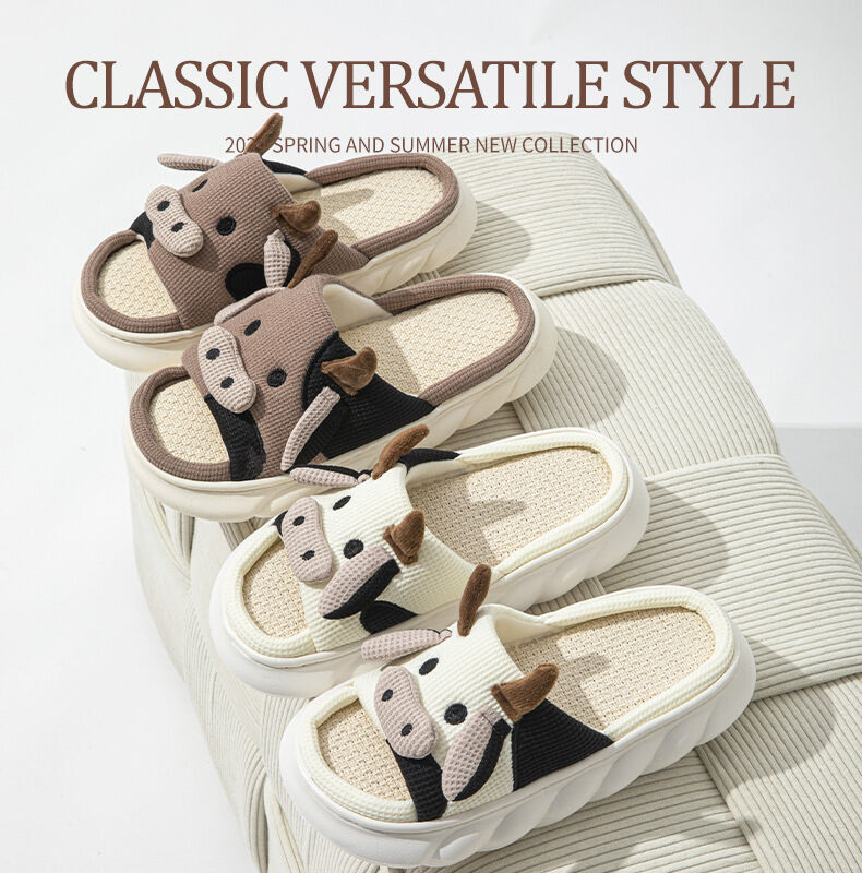 Unisex Cow Cartoon Linen Slippers: EVA Thick Sole Non-Slip Beach Sandals for Couples & Parent-Child, 7 Styles(white-37-38) - Image 2