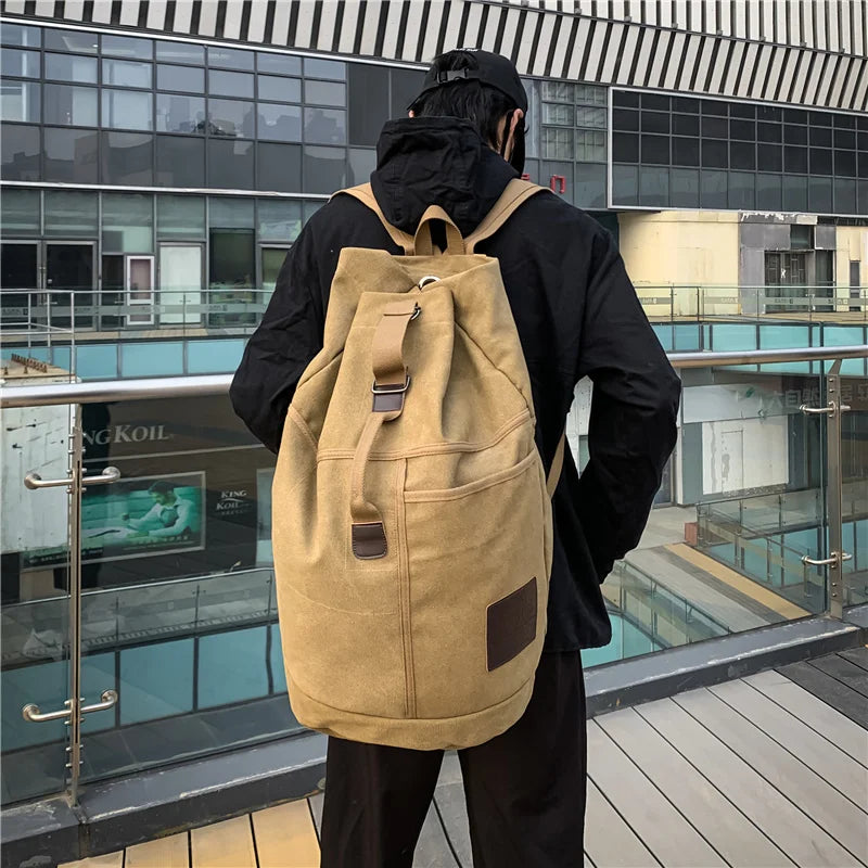 Canvas Travel Backpack with Bucket Design Khaki - Image 2