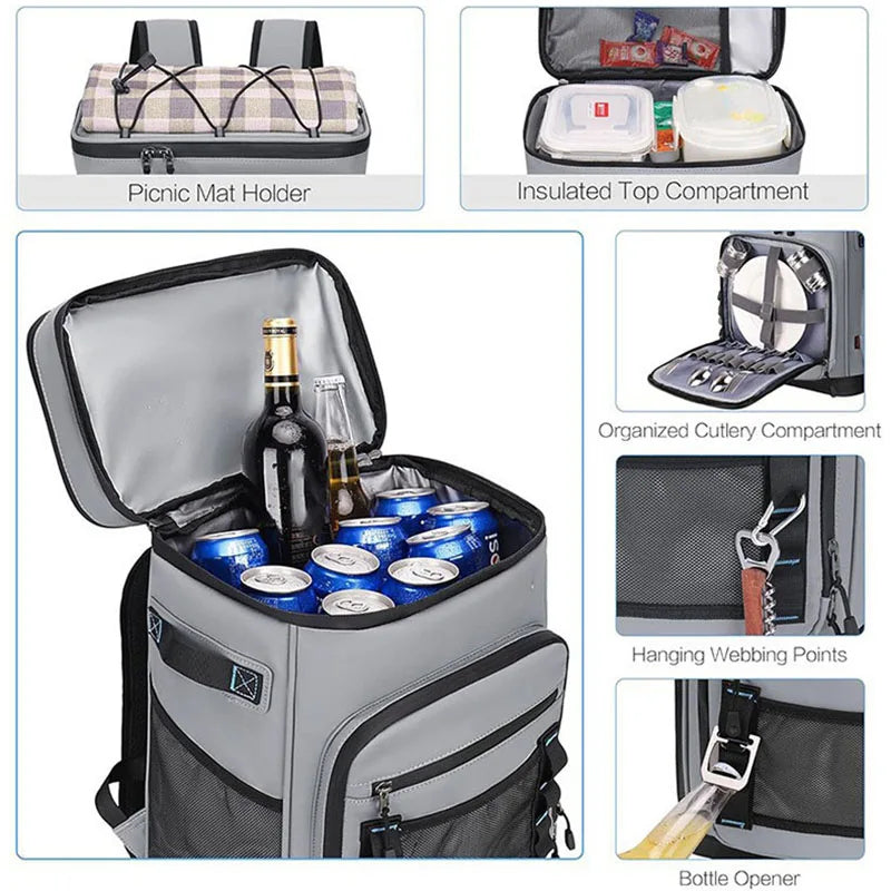 30L Camping Insulated Backpack Hot Cold Storage Gray - Image 5