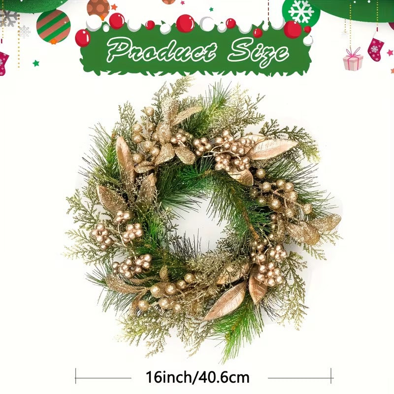 Classic Christmas Wreath Golden Leaves and Berries - Image 3