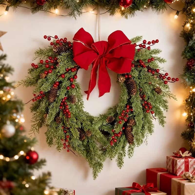 Pine Needle Red Berry Wreath with Heart Bow - Image 3