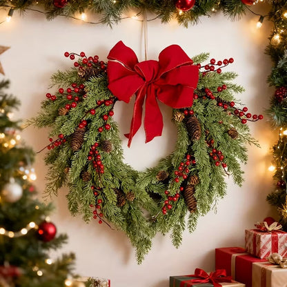 Pine Needle Red Berry Wreath with Heart Bow - Image 3