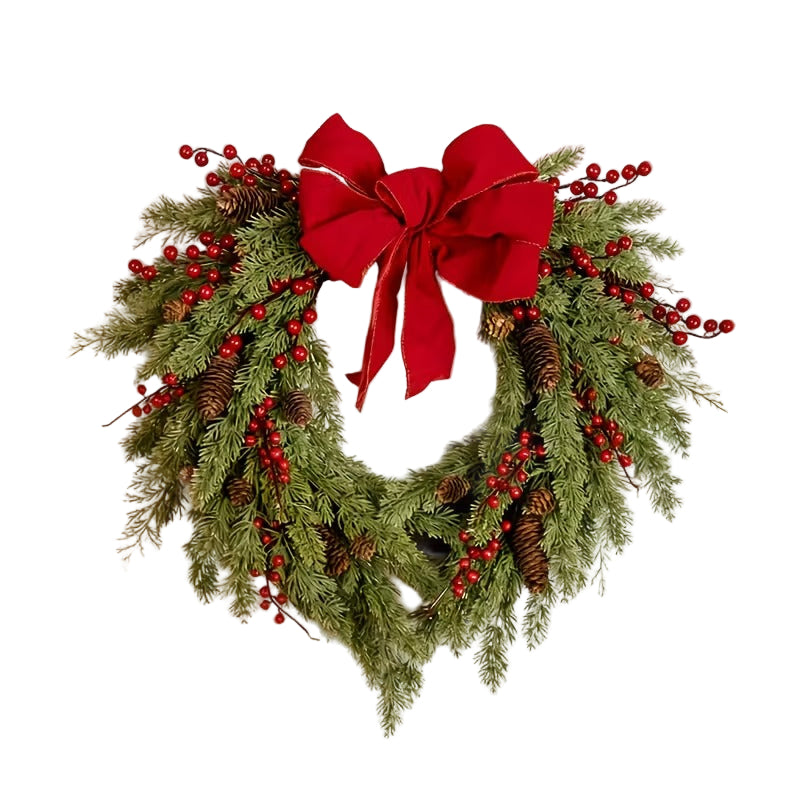 Pine Needle Red Berry Wreath with Heart Bow - Image 4