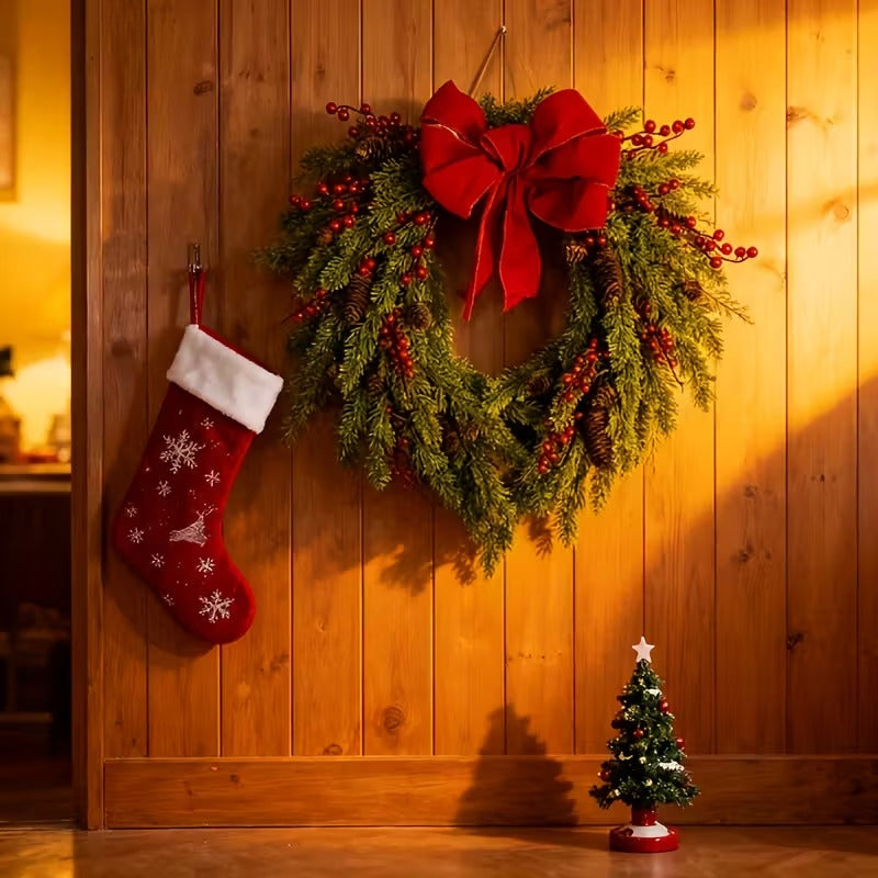 Pine Needle Red Berry Wreath with Heart Bow - Image 5