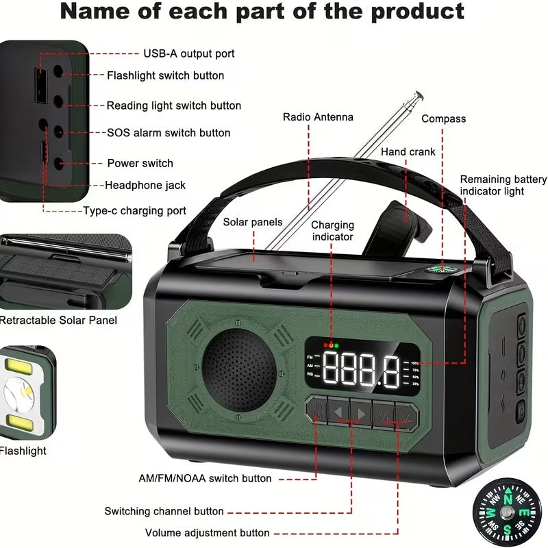 12000mAh Emergency Radio Solar Hand Crank Charger - Image 2