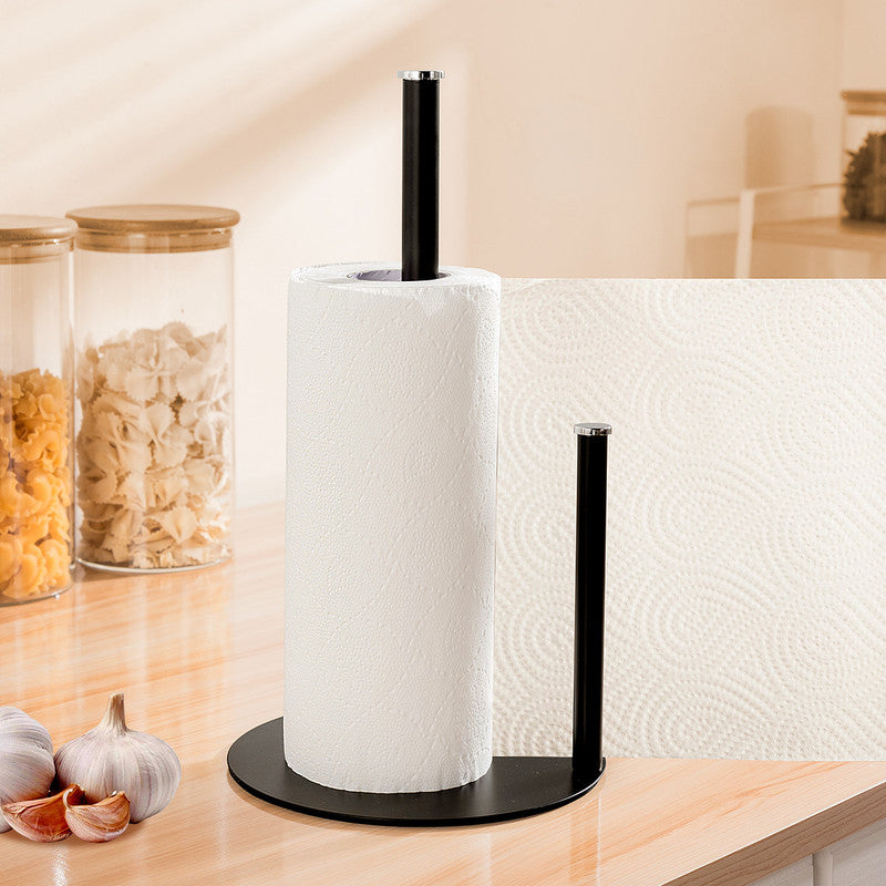 Iron Double Pole Paper Towel Holder for Kitchen Countertop Cling Film Storage Rack-Black - Image 2