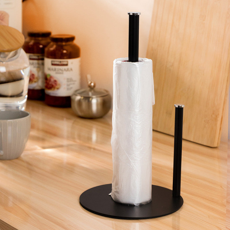 Iron Double Pole Paper Towel Holder for Kitchen Countertop Cling Film Storage Rack-Black - Image 4