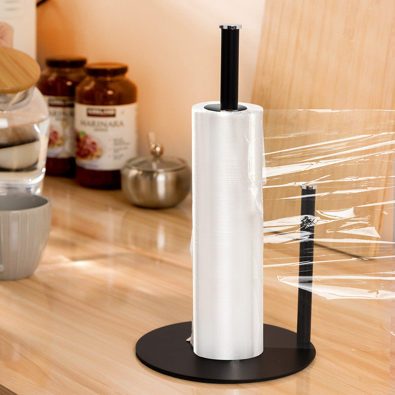 Iron Double Pole Paper Towel Holder for Kitchen Countertop Cling Film Storage Rack-Black - Image 5
