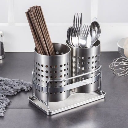 Stainless Steel Double-Tube Cutlery Basket With Storage Rack for Household Kitchen-Silver - Image 2