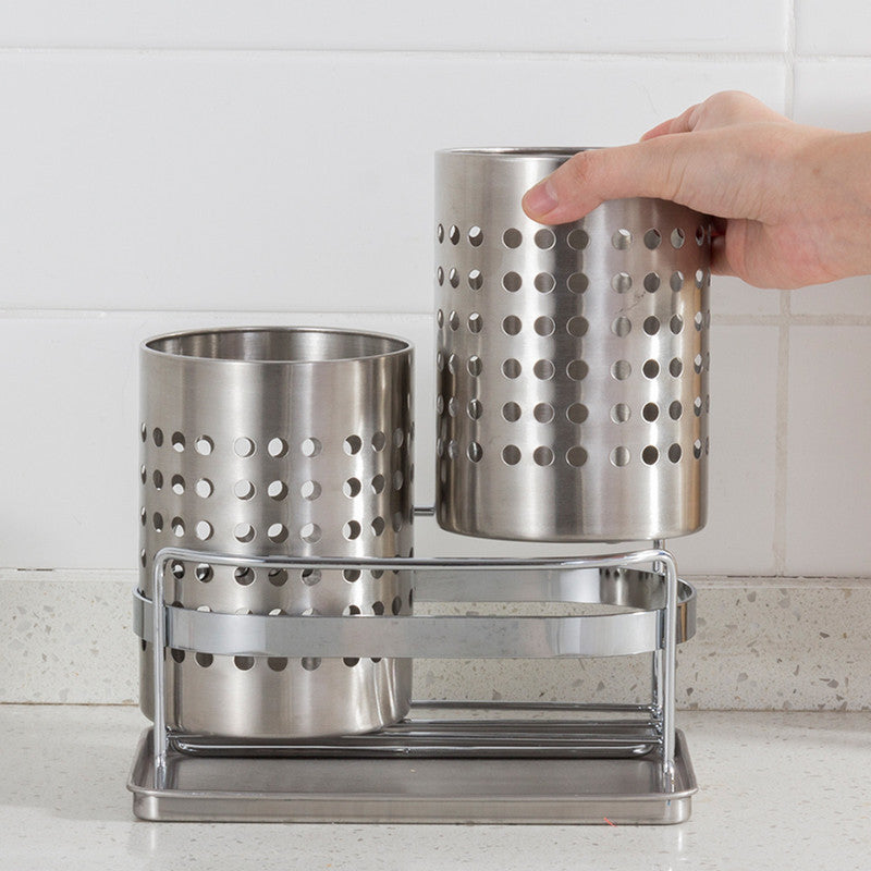 Stainless Steel Double-Tube Cutlery Basket With Storage Rack for Household Kitchen-Silver - Image 3