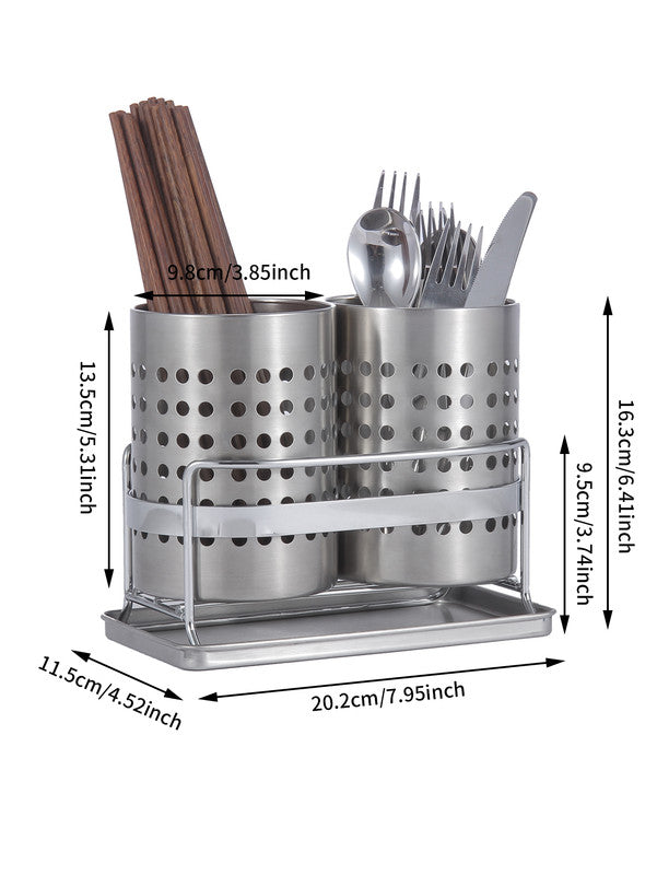 Stainless Steel Double-Tube Cutlery Basket With Storage Rack for Household Kitchen-Silver - Image 4