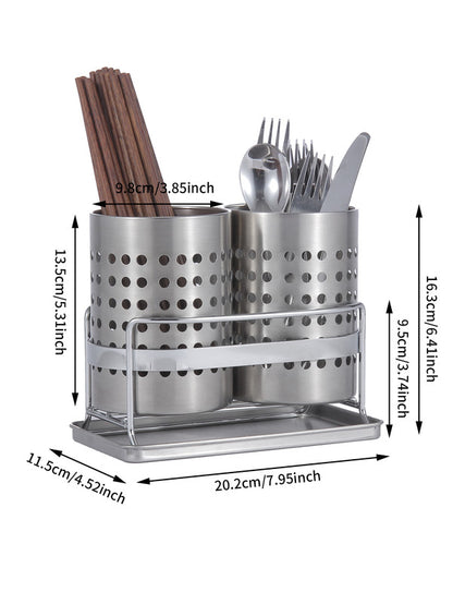 Stainless Steel Double-Tube Cutlery Basket With Storage Rack for Household Kitchen-Silver - Image 4