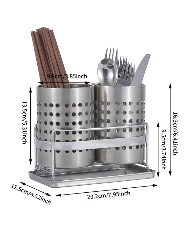 Stainless Steel Double-Tube Cutlery Basket With Storage Rack for Household Kitchen-Silver - Image 4