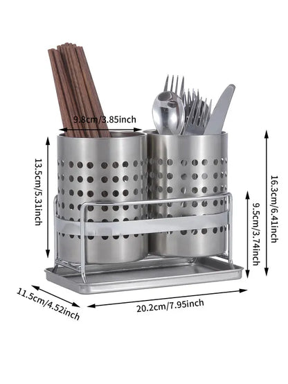 Stainless Steel Double-Tube Cutlery Basket With Storage Rack for Household Kitchen-Silver - Image 4