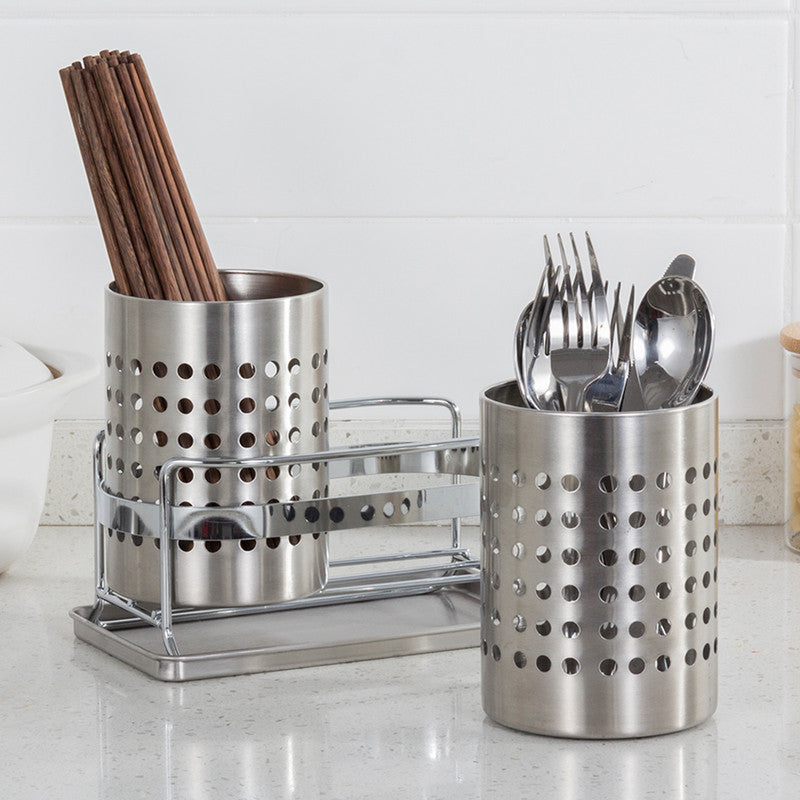 Stainless Steel Double-Tube Cutlery Basket With Storage Rack for Household Kitchen-Silver - Image 5