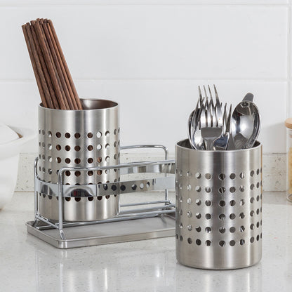 Stainless Steel Double-Tube Cutlery Basket With Storage Rack for Household Kitchen-Silver - Image 5