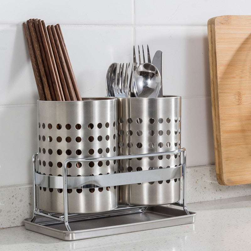 Stainless Steel Double-Tube Cutlery Basket With Storage Rack for Household Kitchen-Silver - Image 8