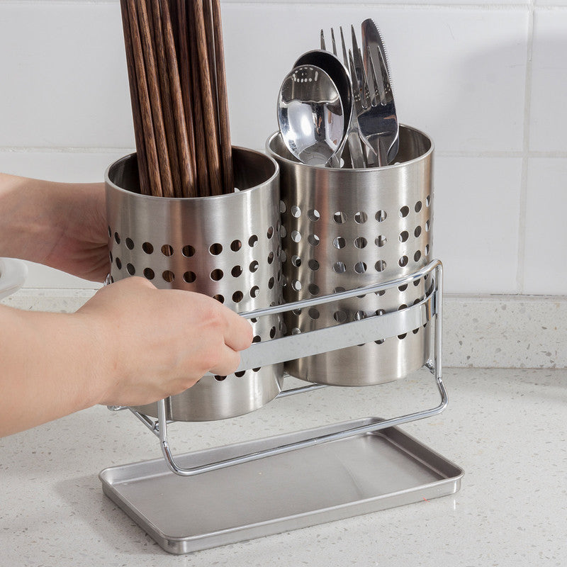 Stainless Steel Double-Tube Cutlery Basket With Storage Rack for Household Kitchen-Silver - Image 9