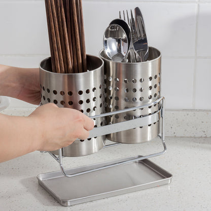 Stainless Steel Double-Tube Cutlery Basket With Storage Rack for Household Kitchen-Silver - Image 9