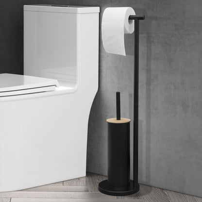 2-in-1 Iron Floor Standing Roll Paper Holder and Bamboo Lid Toilet Brush For Bathroom and Toilet-Black - Image 2
