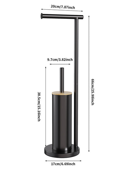 2-in-1 Iron Floor Standing Roll Paper Holder and Bamboo Lid Toilet Brush For Bathroom and Toilet-Black - Image 3