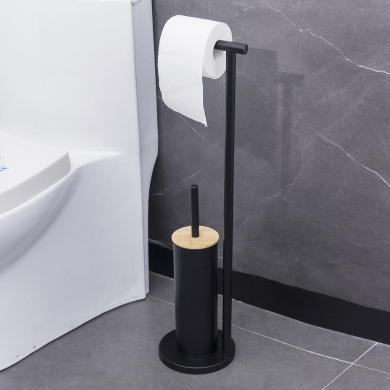 2-in-1 Iron Floor Standing Roll Paper Holder and Bamboo Lid Toilet Brush For Bathroom and Toilet-Black - Image 4