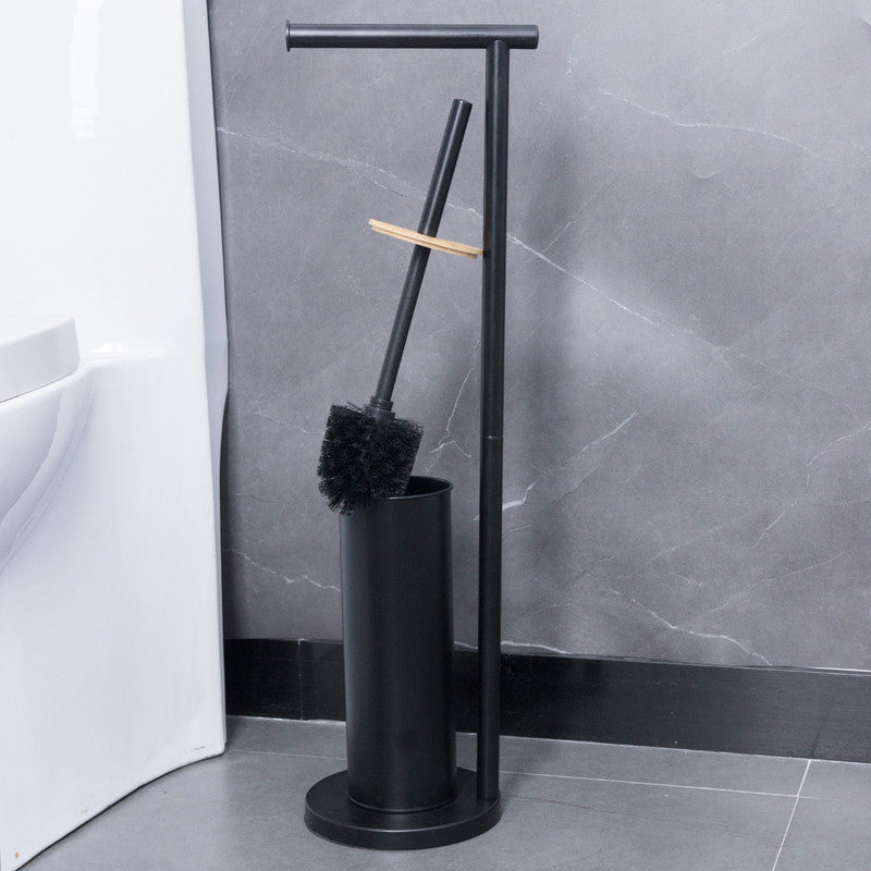 2-in-1 Iron Floor Standing Roll Paper Holder and Bamboo Lid Toilet Brush For Bathroom and Toilet-Black - Image 5