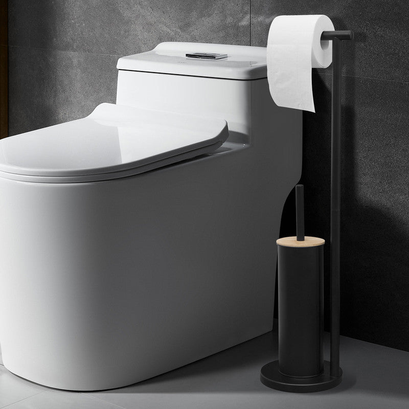 2-in-1 Iron Floor Standing Roll Paper Holder and Bamboo Lid Toilet Brush For Bathroom and Toilet-Black - Image 8