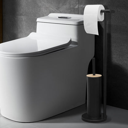 2-in-1 Iron Floor Standing Roll Paper Holder and Bamboo Lid Toilet Brush For Bathroom and Toilet-Black - Image 8