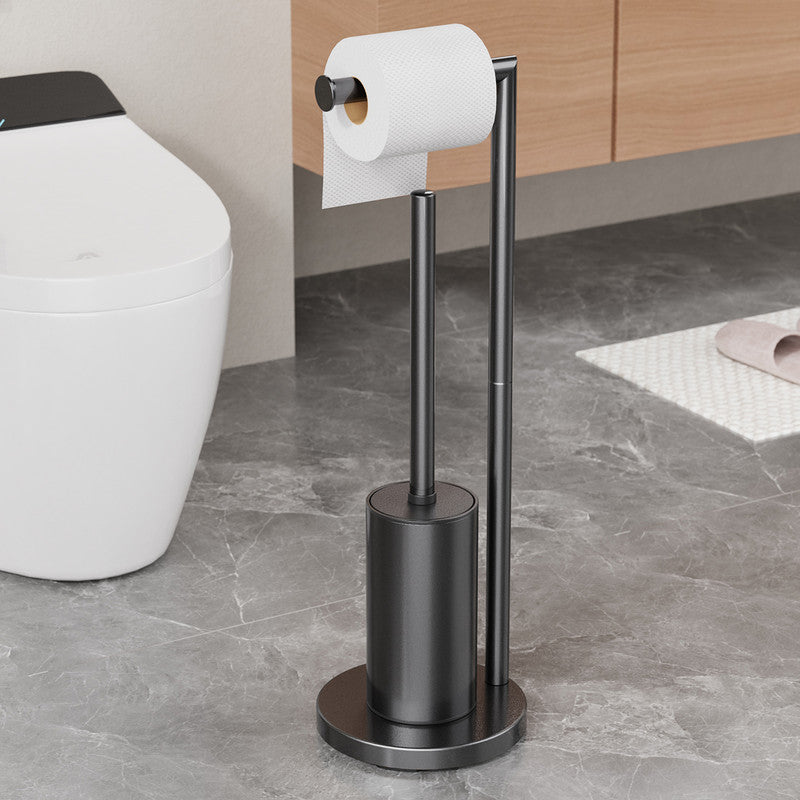 2-in-1 Floor Standing Roll Paper Holder and Toilet Brush For Bathroom and Toilet-Black - Image 2