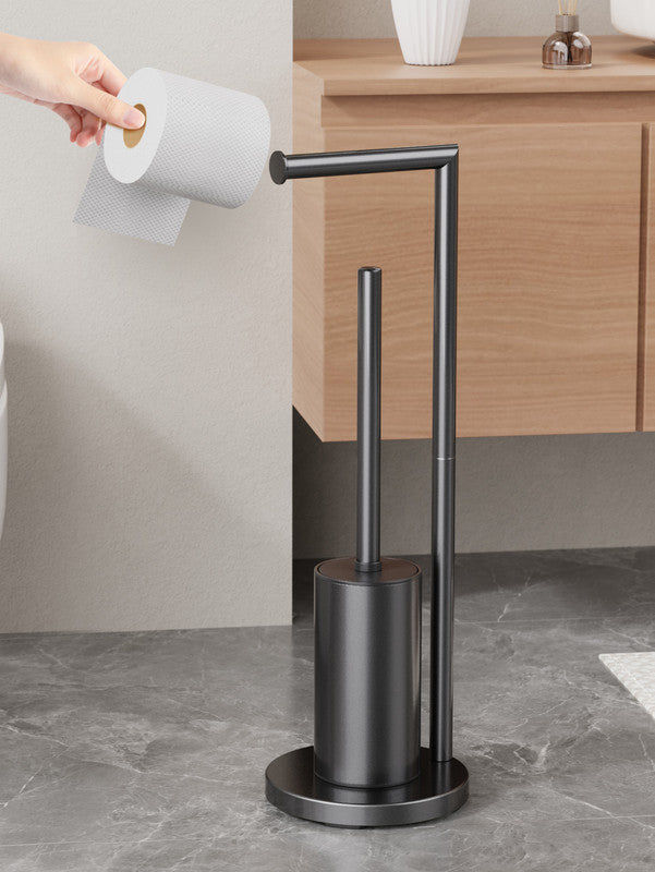 2-in-1 Floor Standing Roll Paper Holder and Toilet Brush For Bathroom and Toilet-Black - Image 3