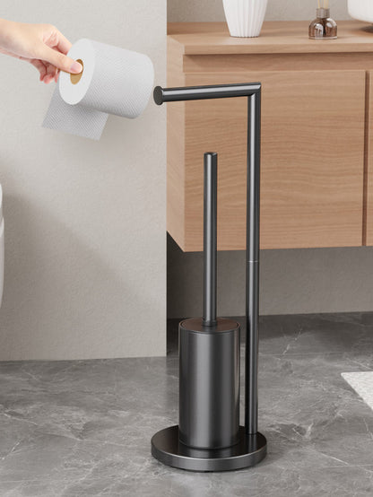 2-in-1 Floor Standing Roll Paper Holder and Toilet Brush For Bathroom and Toilet-Black - Image 3