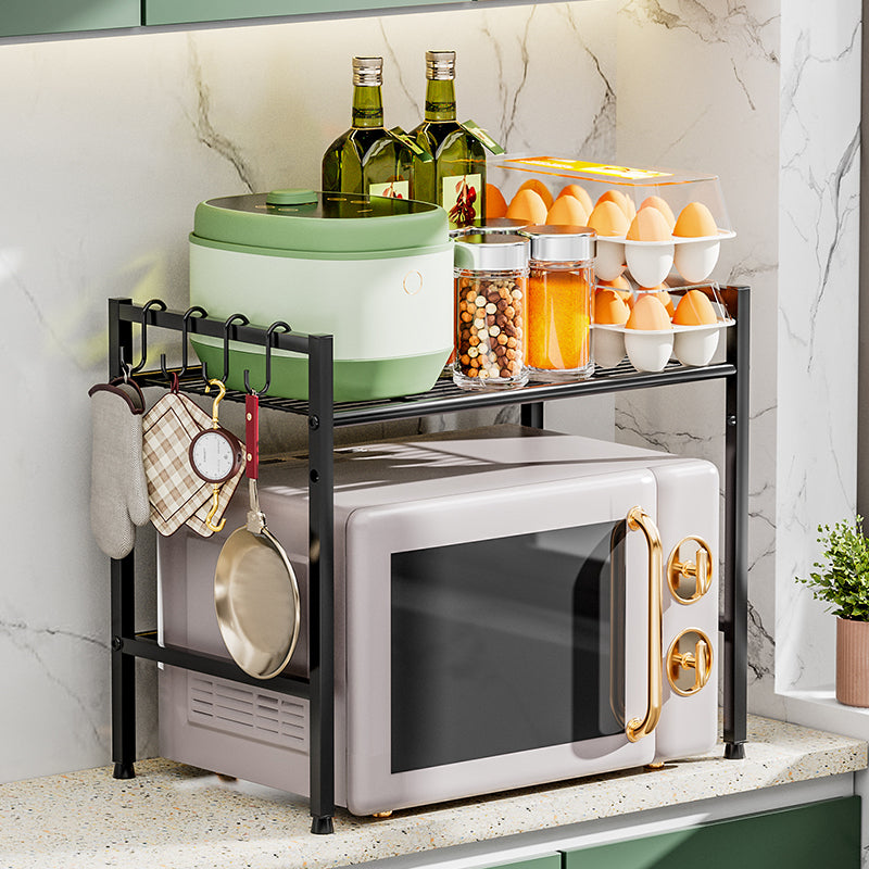 Metal Shelf For Microwave Oven 2 Level Kitchen Storage Rack With 4 Hooks-Black - Image 5