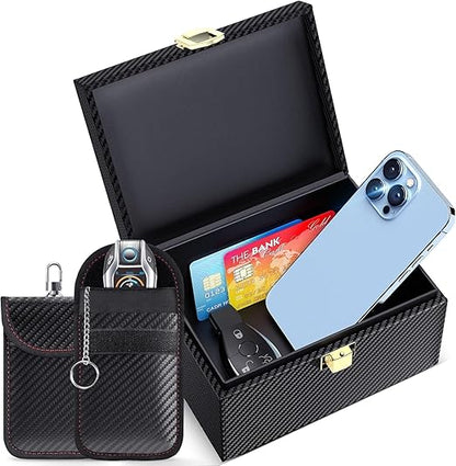 Faraday Box with Faraday Pouch 2 Pack, Keyless Entry Car Key Safe Protector RFID Anti-Theft Signal Blocking Cages-Black-Medium