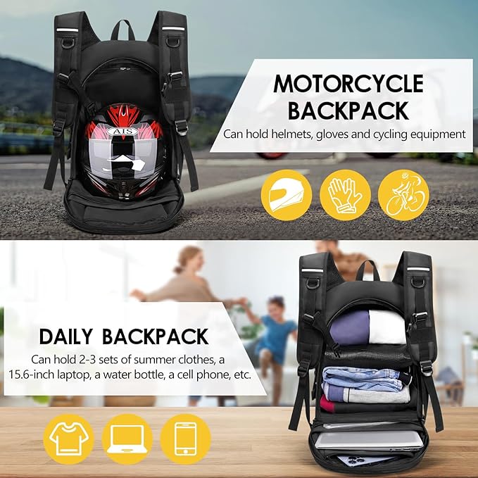 Motorcycle Backpack for Men, Waterproof Helmet Backpack with Reflective, Motorcycle Bag Helmet Bag-Black - Image 5