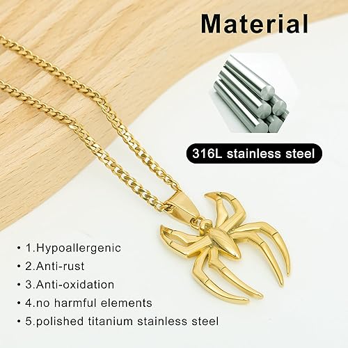 Spider Pendant Necklace Surgical Steel Superhero Spiderman Jewelry for Kids- Gold-A - Image 3