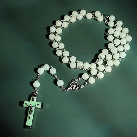 Rosary Beads Catholic - Green Rosaire Glow in the Dark Cross Necklace for Men Women-Green - Image 2