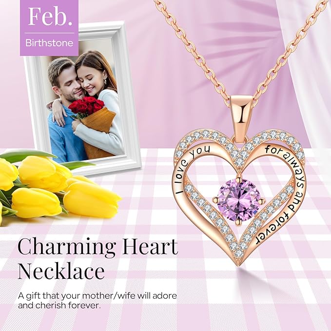 18K Rose Gold Necklaces for Women, 925 Sterling Silver Gifts for Mothers Day, Jewelry for Wife Mom Her Girlfriend, Birthstone Diamond Necklace for Birthday Anniversary, Heart Pendant Jewelry-FEB - Image 3