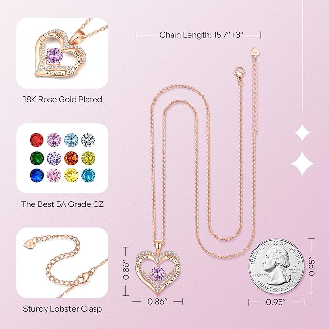18K Rose Gold Necklaces for Women, 925 Sterling Silver Gifts for Mothers Day, Jewelry for Wife Mom Her Girlfriend, Birthstone Diamond Necklace for Birthday Anniversary, Heart Pendant Jewelry-FEB - Image 4