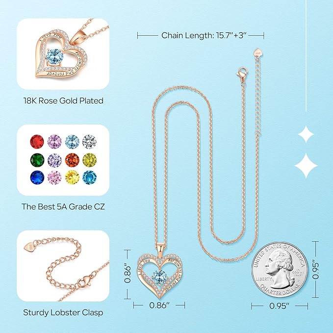 18K Rose Gold Necklaces for Women, 925 Sterling Silver Gifts for Mothers Day, Jewelry for Wife Mom Her Girlfriend, Birthstone Diamond Necklace for Birthday Anniversary, Heart Pendant Jewelry-MAR - Image 2