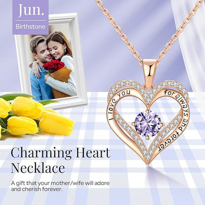 18K Rose Gold Necklaces for Women, 925 Sterling Silver Gifts for Mothers Day, Jewelry for Wife Mom Her Girlfriend, Birthstone Diamond Necklace for Birthday Anniversary, Heart Pendant Jewelry-JUN - Image 2