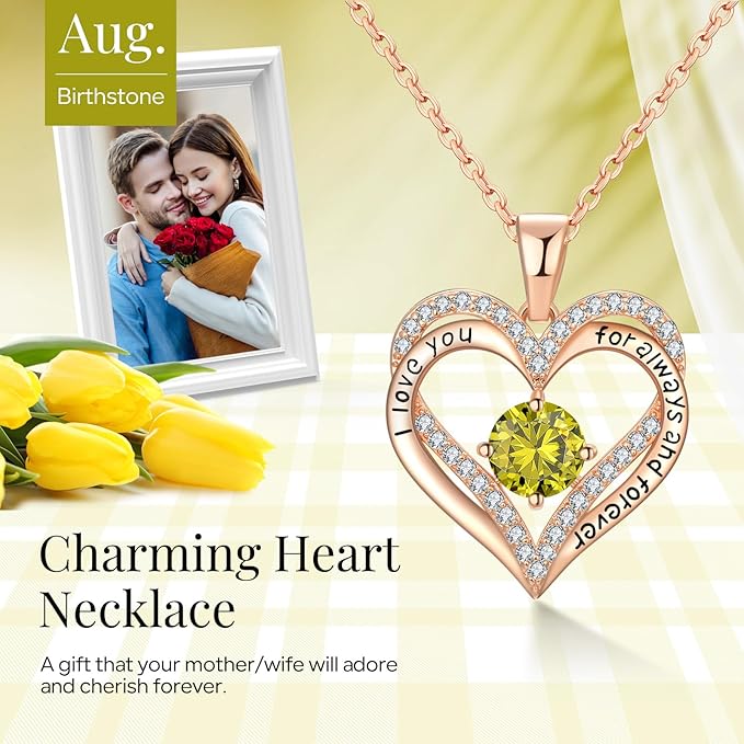 18K Rose Gold Necklaces for Women, 926 Sterling Silver Gifts for Mothers Day, Jewelry for Wife Mom Her Girlfriend, Birthstone Diamond Necklace for Birthday Anniversary, Heart Pendant Jewelry-AUG - Image 2