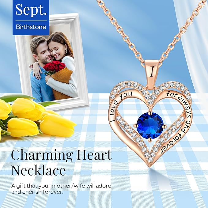 18K Rose Gold Necklaces for Women, 927 Sterling Silver Gifts for Mothers Day, Jewelry for Wife Mom Her Girlfriend, Birthstone Diamond Necklace for Birthday Anniversary, Heart Pendant Jewelry-SEP - Image 3