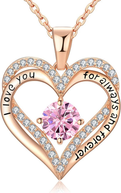 18K Rose Gold Necklaces for Women, 928 Sterling Silver Gifts for Mothers Day, Jewelry for Wife Mom Her Girlfriend, Birthstone Diamond Necklace for Birthday Anniversary, Heart Pendant Jewelry-OCT