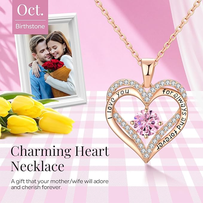 18K Rose Gold Necklaces for Women, 928 Sterling Silver Gifts for Mothers Day, Jewelry for Wife Mom Her Girlfriend, Birthstone Diamond Necklace for Birthday Anniversary, Heart Pendant Jewelry-OCT - Image 2