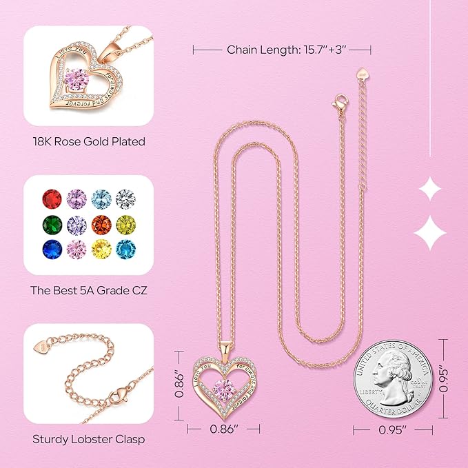18K Rose Gold Necklaces for Women, 928 Sterling Silver Gifts for Mothers Day, Jewelry for Wife Mom Her Girlfriend, Birthstone Diamond Necklace for Birthday Anniversary, Heart Pendant Jewelry-OCT - Image 3