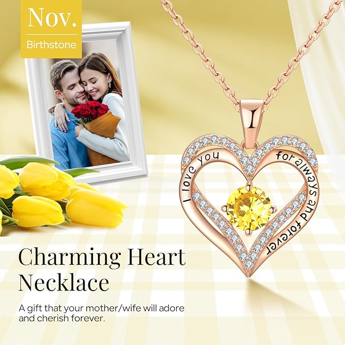 18K Rose Gold Necklaces for Women, 929 Sterling Silver Gifts for Mothers Day, Jewelry for Wife Mom Her Girlfriend, Birthstone Diamond Necklace for Birthday Anniversary, Heart Pendant Jewelry-NOV - Image 2
