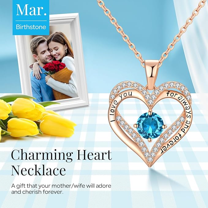 18K Rose Gold Necklaces for Women, 930 Sterling Silver Gifts for Mothers Day, Jewelry for Wife Mom Her Girlfriend, Birthstone Diamond Necklace for Birthday Anniversary, Heart Pendant Jewelry-DEC - Image 2