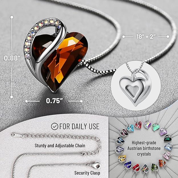 Infinity Love Heart Necklace, Birthstone Necklace for Women, Jewelry for Women with Healing Crystals, Allergy Free Pendant Necklace-15-Stress Relief-Dark Topaz Brown - Image 4
